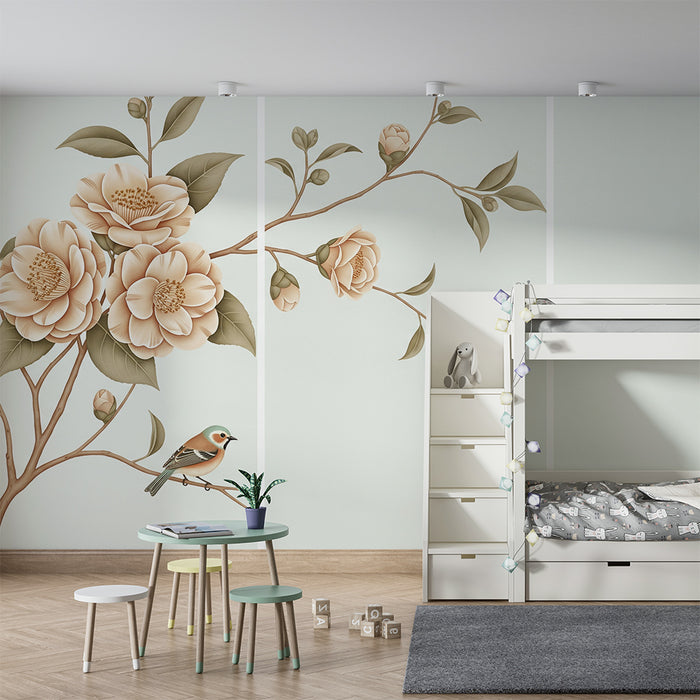 Papier peint chambre bébé | Fleurs délicates et oiseau sur fond pastel