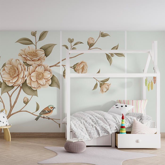 Papier peint chambre bébé | Fleurs délicates et oiseau sur fond pastel
