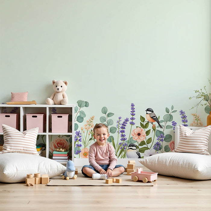 Papier peint chambre bébé | Fleurs délicates et oiseaux colorés sur fond pastel