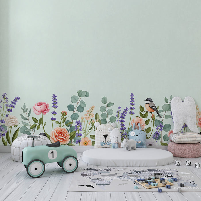 Papier peint chambre bébé | Fleurs délicates et oiseaux colorés sur fond pastel