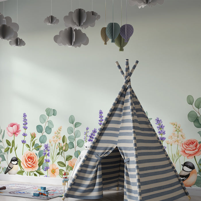 Papier peint chambre bébé | Fleurs délicates et oiseaux colorés sur fond pastel