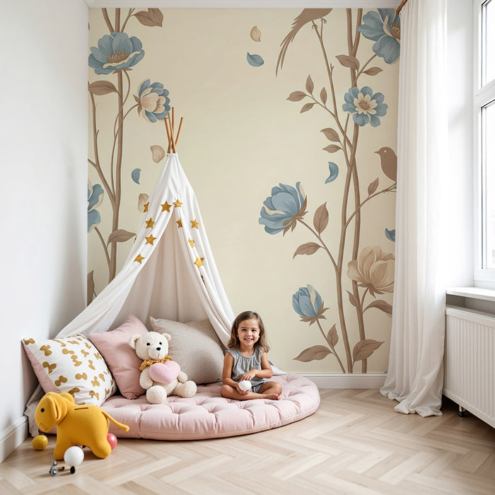 Papier peint chambre bébé | Fleurs délicates et oiseaux dans un décor doux