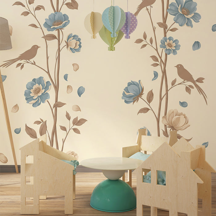 Papier peint chambre bébé | Fleurs délicates et oiseaux dans un décor doux