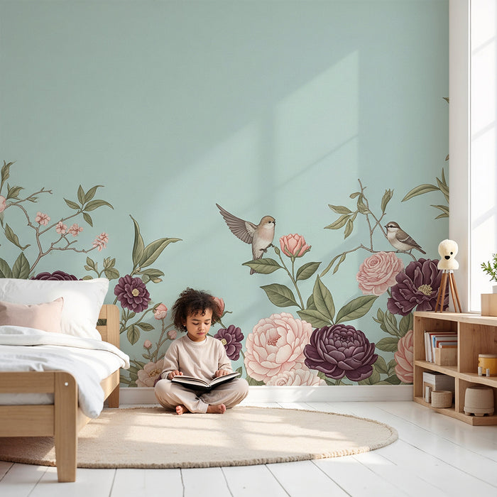 Papier peint chambre bébé | Fleurs délicates et oiseaux sur fond bleu pastel