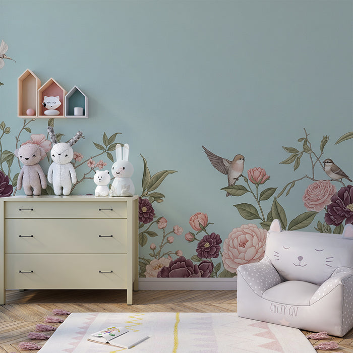 Papier peint chambre bébé | Fleurs délicates et oiseaux sur fond bleu pastel