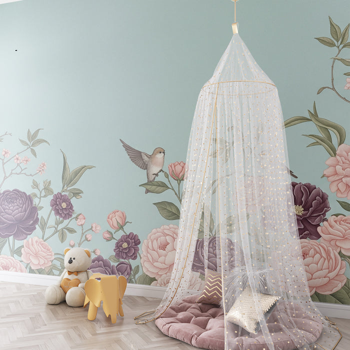 Papier peint chambre bébé | Fleurs délicates et oiseaux sur fond bleu pastel