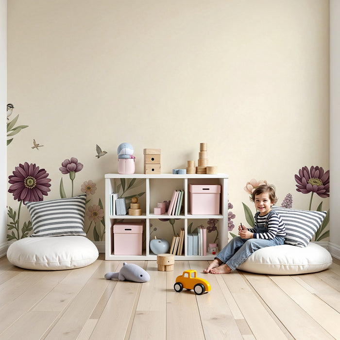 Papier peint chambre bébé | Fleurs délicates et oiseaux sur fond doux