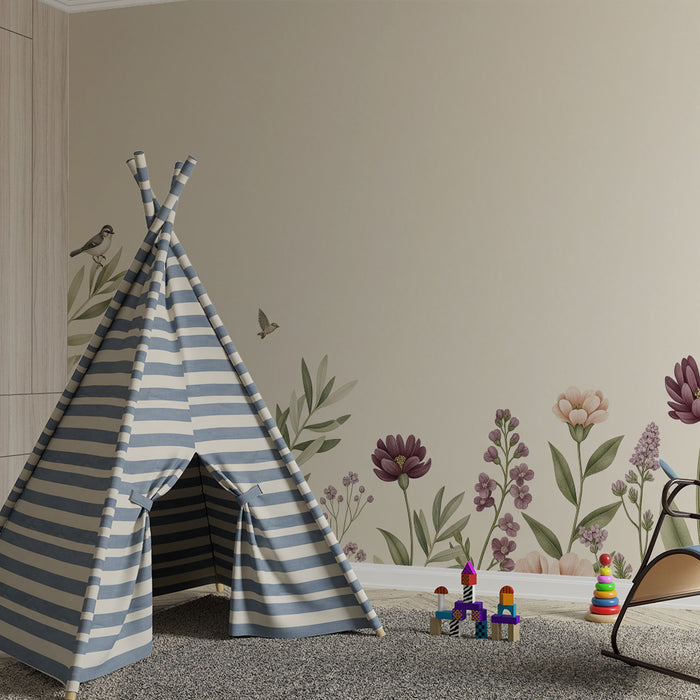 Papier peint chambre bébé | Fleurs délicates et oiseaux sur fond doux