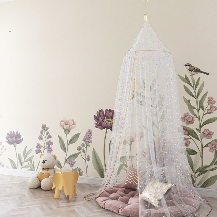 Papier peint chambre bébé | Fleurs délicates et oiseaux sur fond doux