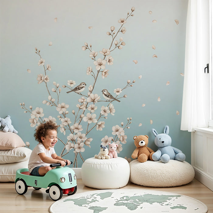 Papel de parede para quarto de bebé | Flores delicadas e pássaros sobre fundo suave