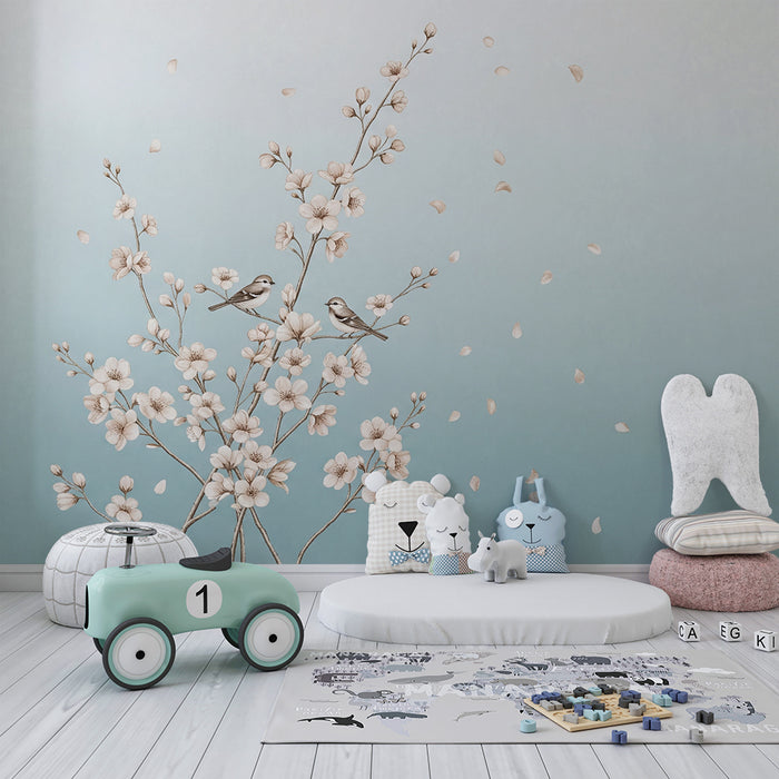Papel de parede para quarto de bebé | Flores delicadas e pássaros sobre fundo suave