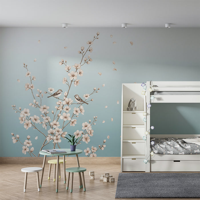 Papel de parede para quarto de bebé | Flores delicadas e pássaros sobre fundo suave
