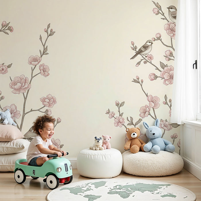 Papier peint chambre bébé | Fleurs délicates et oiseaux sur fond doux et clair