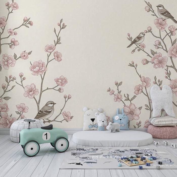 Papier peint chambre bébé | Fleurs délicates et oiseaux sur fond doux et clair