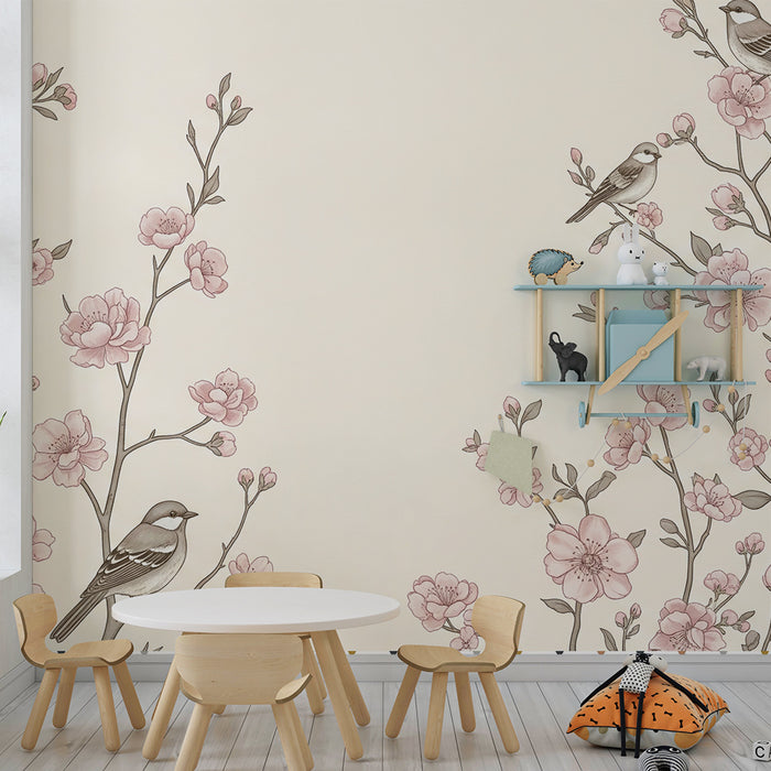 Papier peint chambre bébé | Fleurs délicates et oiseaux sur fond doux et clair