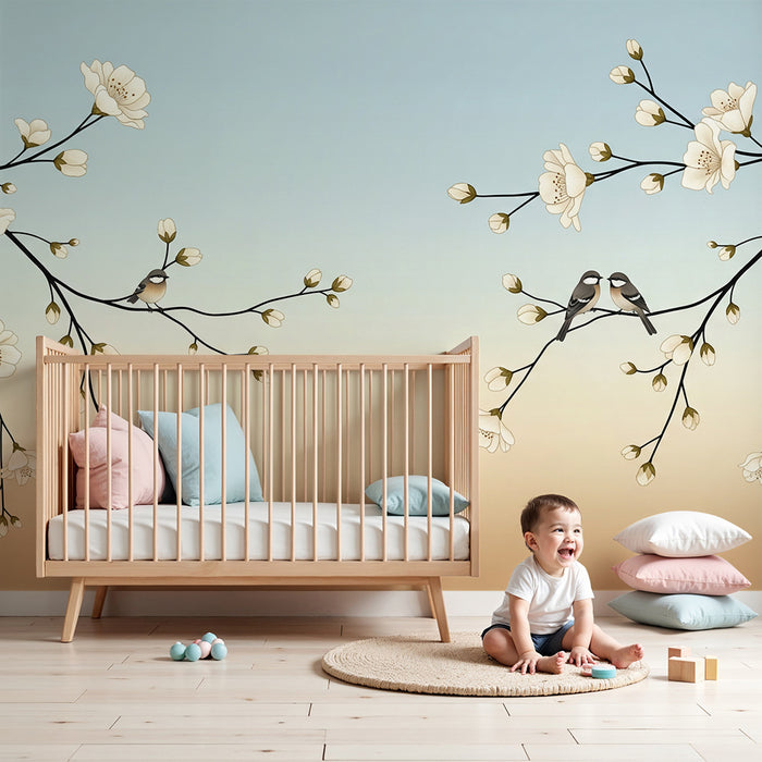 Papier peint chambre bébé | Fleurs délicates et oiseaux sur fond pastel