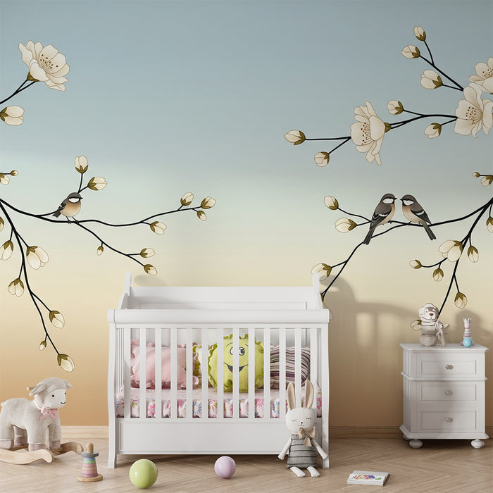 Papier peint chambre bébé | Fleurs délicates et oiseaux sur fond pastel