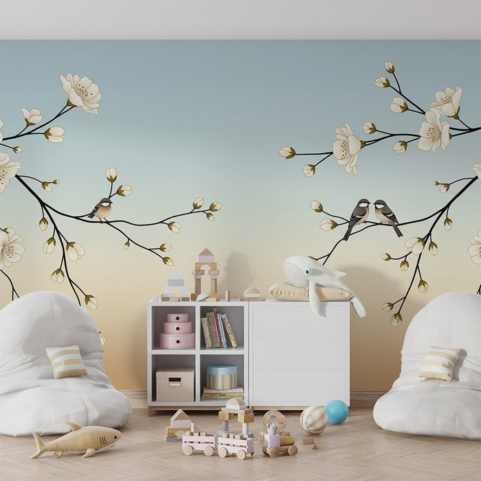 Papier peint chambre bébé | Fleurs délicates et oiseaux sur fond pastel