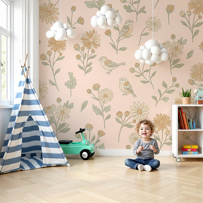 Papel de parede quarto bebê | Flores delicadas e pássaros em fundo rosa suave