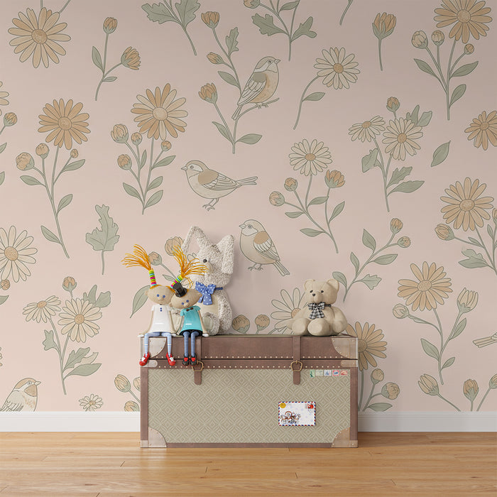 Papel de parede quarto bebê | Flores delicadas e pássaros em fundo rosa suave