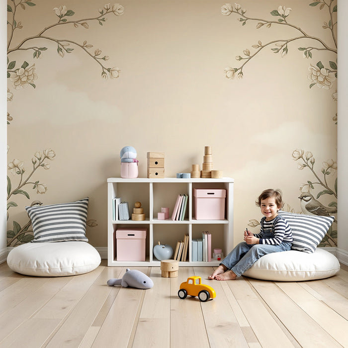 Papier peint chambre bébé | Fleurs délicates et oiseaux sur un fond doux