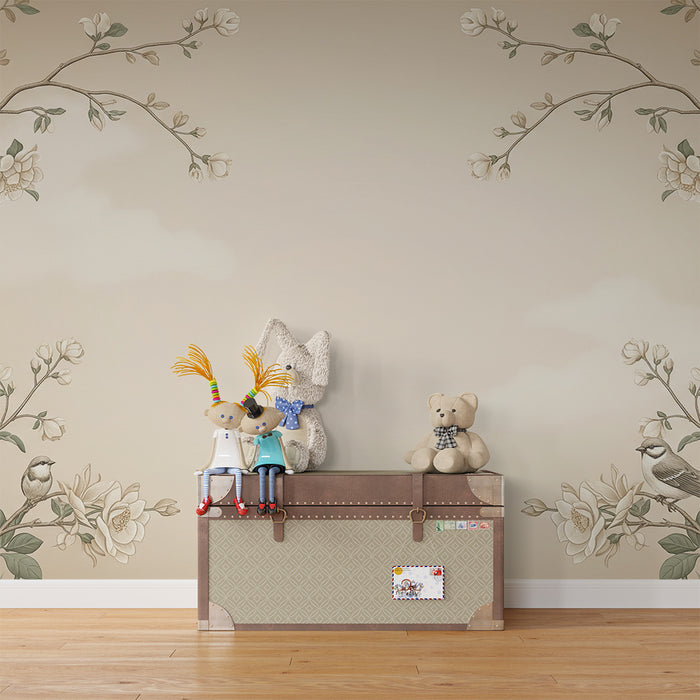 Papier peint chambre bébé | Fleurs délicates et oiseaux sur un fond doux