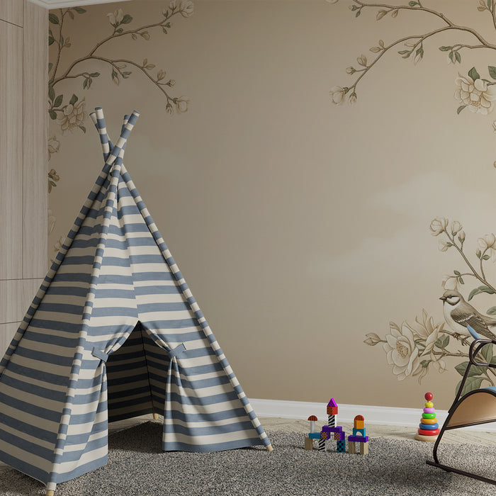 Papier peint chambre bébé | Fleurs délicates et oiseaux sur un fond doux