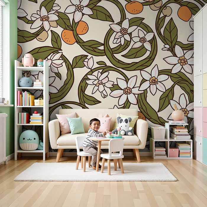 Papel pintado infantil | Flores delicadas y naranjas sobre fondo suave