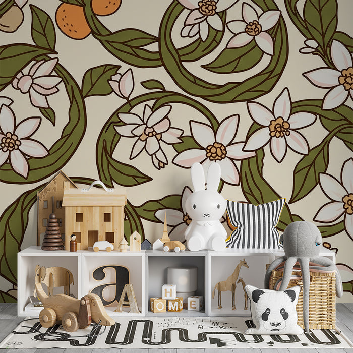 Papel pintado infantil | Flores delicadas y naranjas sobre fondo suave