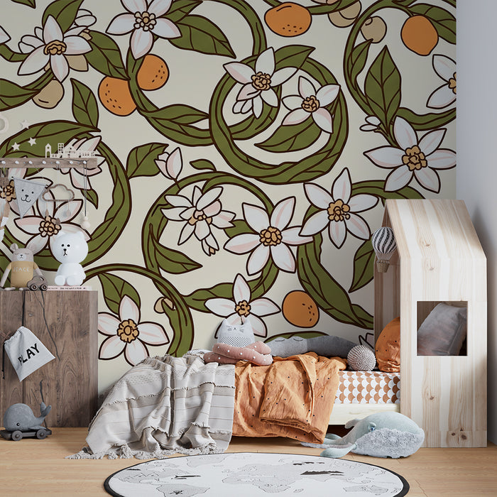 Papel pintado infantil | Flores delicadas y naranjas sobre fondo suave