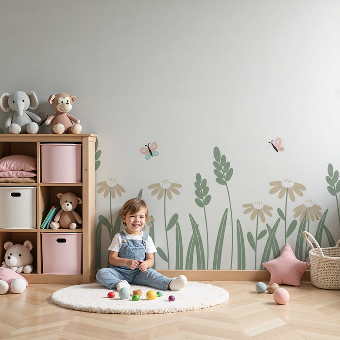 Barntapet | Delikata blommor och färgglada fjärilar