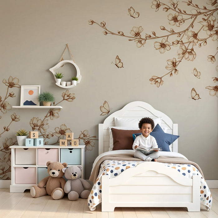 Papel de parede para quarto de bebé | Flores delicadas e borboletas em tons suaves