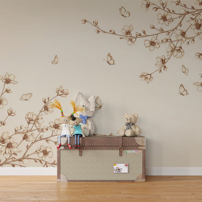 Papel de parede para quarto de bebé | Flores delicadas e borboletas em tons suaves