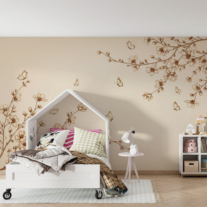 Papel de parede para quarto de bebé | Flores delicadas e borboletas em tons suaves