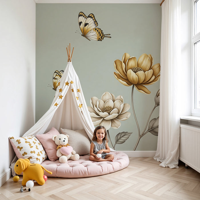 Papel de parede quarto bebê | Nežni cvetovi in metulji v nežnih tonih