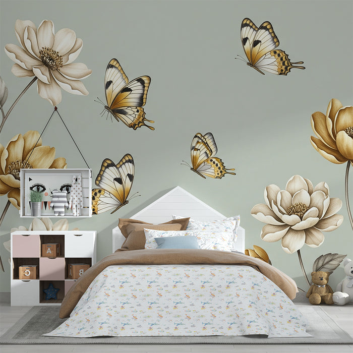 Papel de parede quarto bebê | Nežni cvetovi in metulji v nežnih tonih