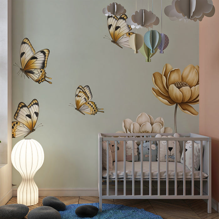 Papel de parede quarto bebê | Nežni cvetovi in metulji v nežnih tonih