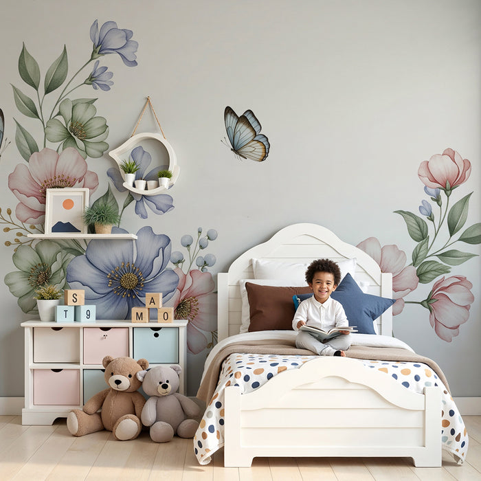 Tapet pentru camera copilului | Flori delicate și fluturi în tonuri pastelate