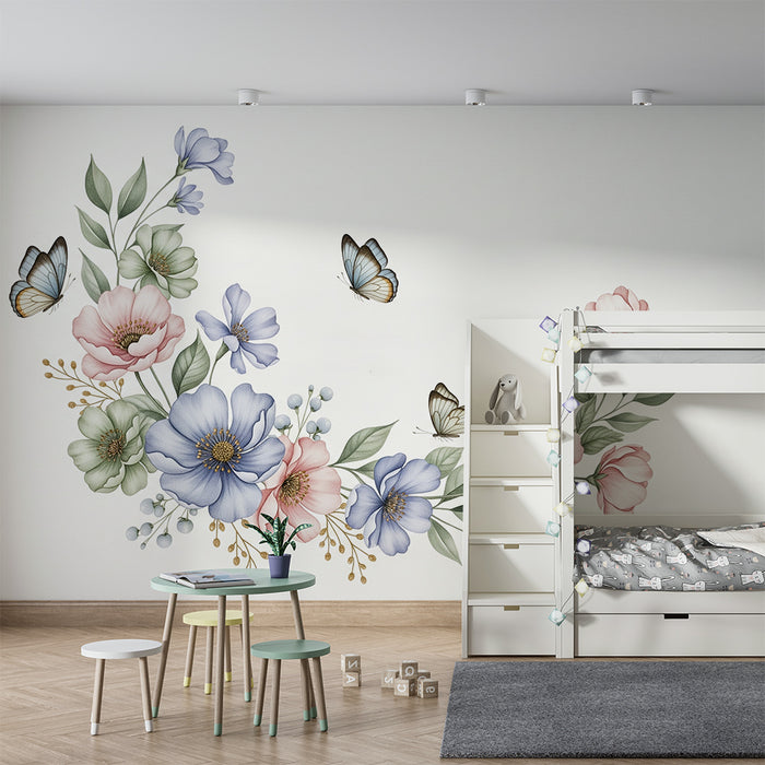Tapet pentru camera copilului | Flori delicate și fluturi în tonuri pastelate