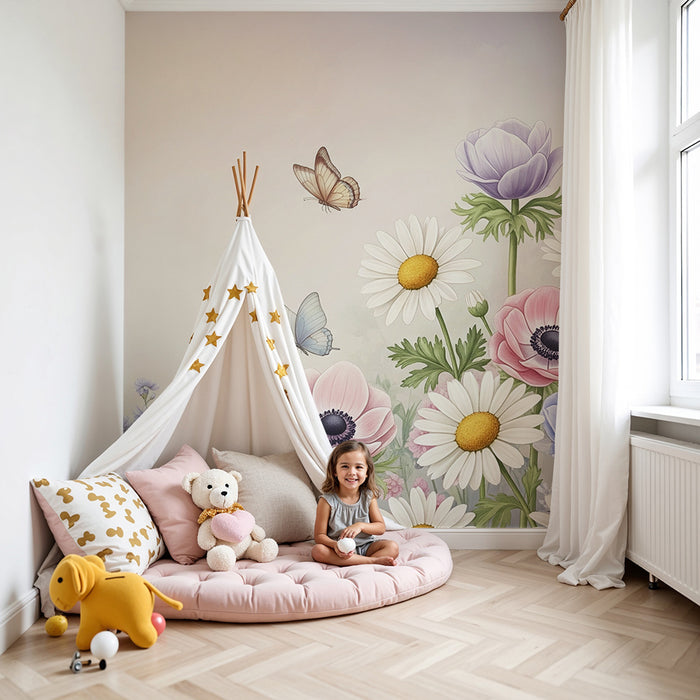 Babyzimmer Tapete | Zarte Blumen und Schmetterlinge in einem verwunschenen Garten