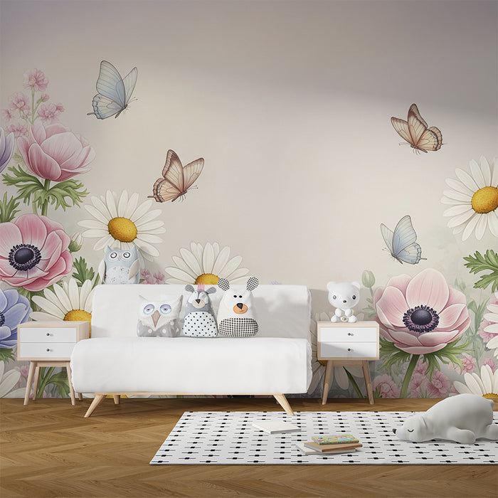 Babyzimmer Tapete | Zarte Blumen und Schmetterlinge in einem verwunschenen Garten