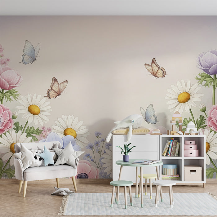 Babyzimmer Tapete | Zarte Blumen und Schmetterlinge in einem verwunschenen Garten