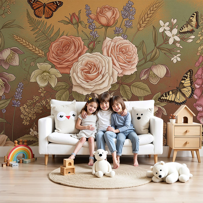 Børneværelse tapet | Delikate blomster og sommerfugle i en fortryllende have