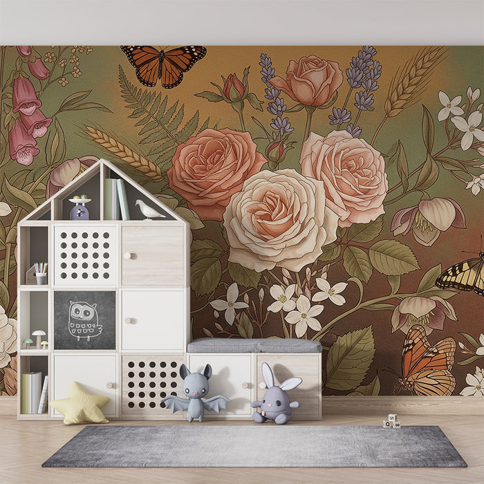 Børneværelse tapet | Delikate blomster og sommerfugle i en fortryllende have