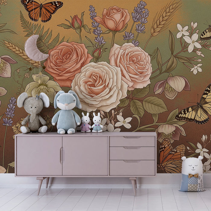 Børneværelse tapet | Delikate blomster og sommerfugle i en fortryllende have