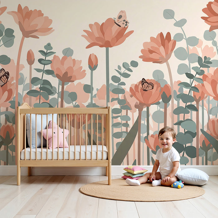 Papel pintado infantil | Flores delicadas y mariposas en un jardín pastel