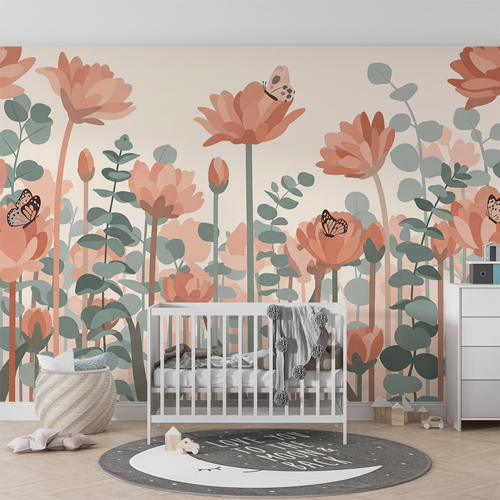 Papel pintado infantil | Flores delicadas y mariposas en un jardín pastel