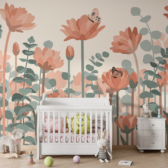 Papel pintado infantil | Flores delicadas y mariposas en un jardín pastel