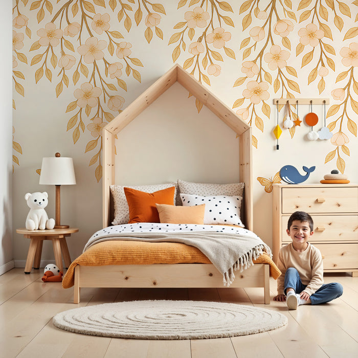 Nursery room wallpaper | Delicate flowers and golden butterflies
