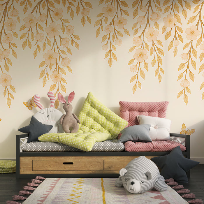 Nursery room wallpaper | Delicate flowers and golden butterflies